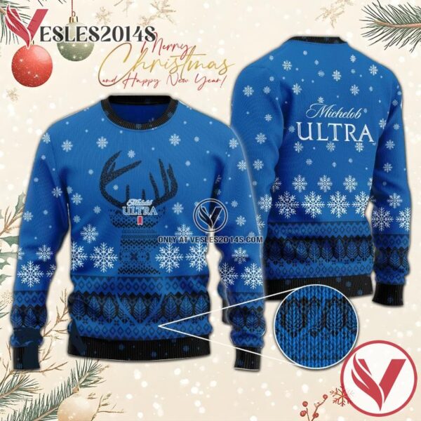 Blue Michelob Ultra Reindeer Snowy Christmas Sweater, Unique Winter Outfits For Fans - Vesles2014S  1
