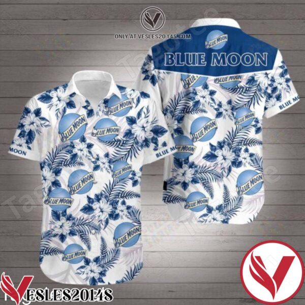 Blue Moon Logo And Navy Tropical Floral White Hawaiian Shirt, Unique Gifts For Friends - Vesles2014S 1