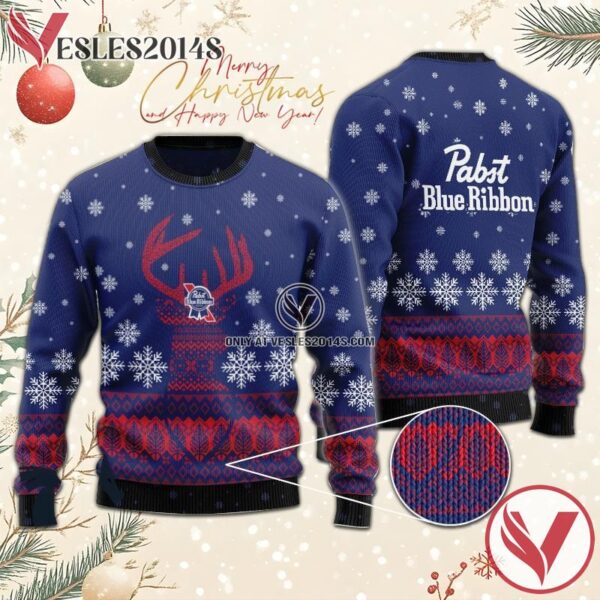 Blue Pabst Blue Ribbon Reindeer Snowy Christmas Sweater, Unique Winter Outfits For Fans - Vesles2014S  1