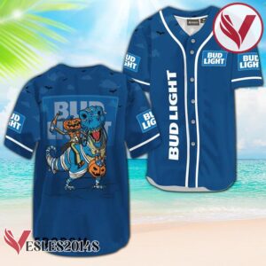 Bud Light Blue Halloween Dinosaur Baseball Jersey, Perfect Gifts For Fans - Vesles2014S