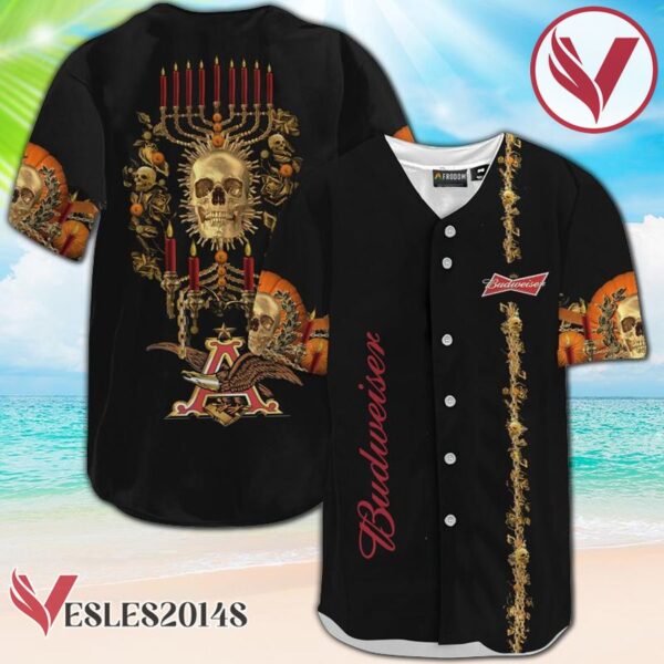Budweiser Golden Skull And Pumpkin Baseball Jersey, Perfect Gifts For Fans - Vesles2014S