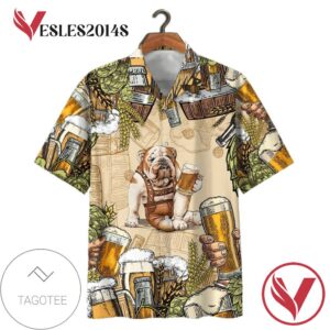 Bull Dog Drink Beer Print Short Sleeve Hawaiian Casual Shirt Vesles2014S 1