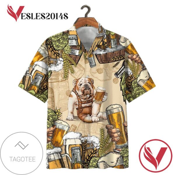 Bull Dog Drink Beer Print Short Sleeve Hawaiian Casual Shirt Vesles2014S 1