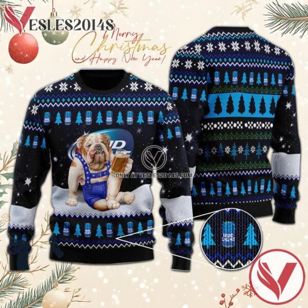 Bulldog Drink Bud Light Beer Christmas Ugly Sweater, Unique Winter Outfits For Fans - Vesles2014S  1
