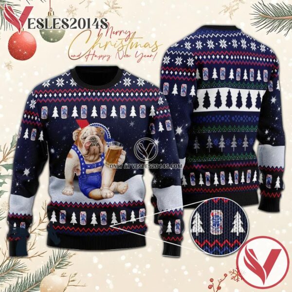Bulldog Drink Pabst Blue Ribbon Beer Christmas Sweater, Unique Winter Outfits For Fans - Vesles2014S  1