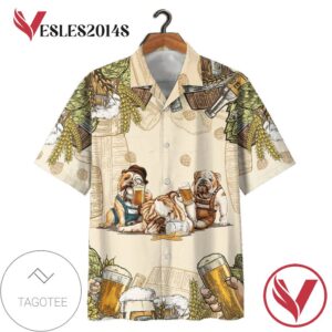 Bulldogs Drink Beer Print Short Sleeve Hawaiian Casual Shirt Vesles2014S 1