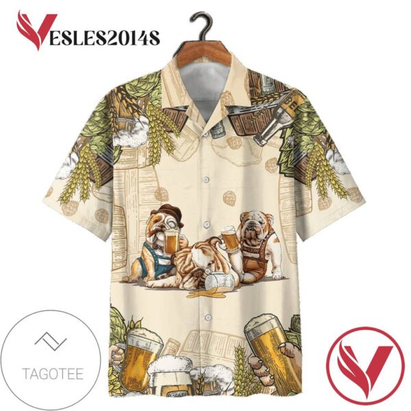 Bulldogs Drink Beer Print Short Sleeve Hawaiian Casual Shirt Vesles2014S 1