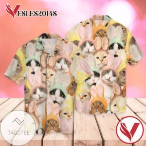 Bunny Cat For Men And Women Graphic Print Short Sleeve Hawaiian Casual Shirt Vesles2014S