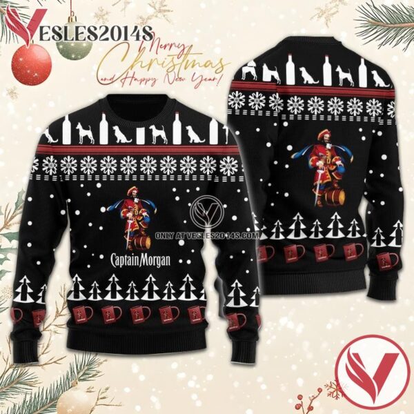Captain Morgan Puppy Snowflake Pattern Christmas Ugly Sweater, Unique Winter Outfits For Fans - Vesles2014S  1