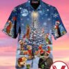 Cat And Christmas Tree Blue Hawaiian Shirt, Unique Gifts For Friends - Vesles2014S 1