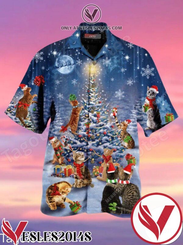 Cat And Christmas Tree Blue Hawaiian Shirt, Unique Gifts For Friends - Vesles2014S 1