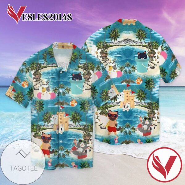 Cat Hawaii In The Beach Graphic Print Short Sleeve Hawaiian Casual Shirt Vesles2014S 1