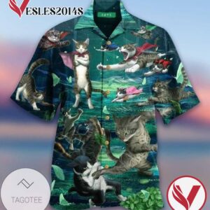 Cat Meow Kung Fu Hawaiian Graphic Print Short Sleeve Hawaiian Casual Shirt Vesles2014S 1