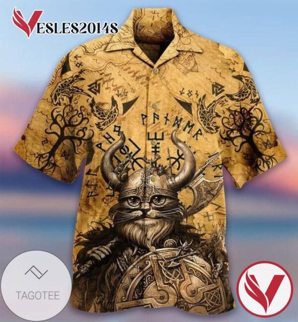 Cat Viking Print Short Sleeve Hawaiian Casual Shirt Vesles2014S 1