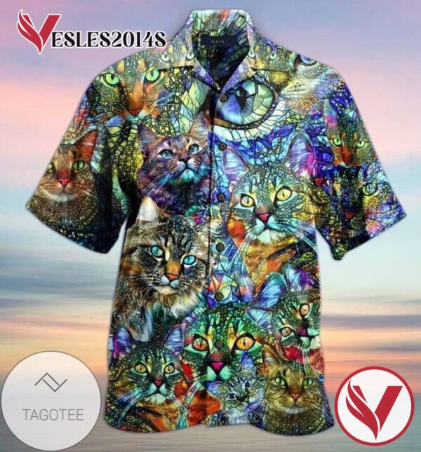 Cat colorful Print Short Sleeve Hawaiian Casual Shirt Vesles2014S