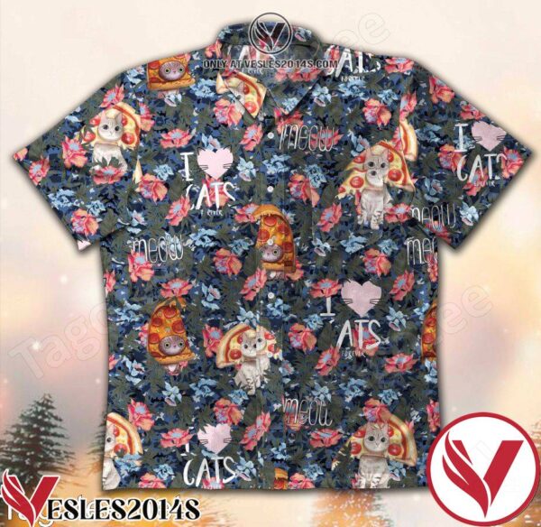 Cats And Pizza Blue Camo Hawaiian Shirt, Unique Gifts For Friends - Vesles2014S 1