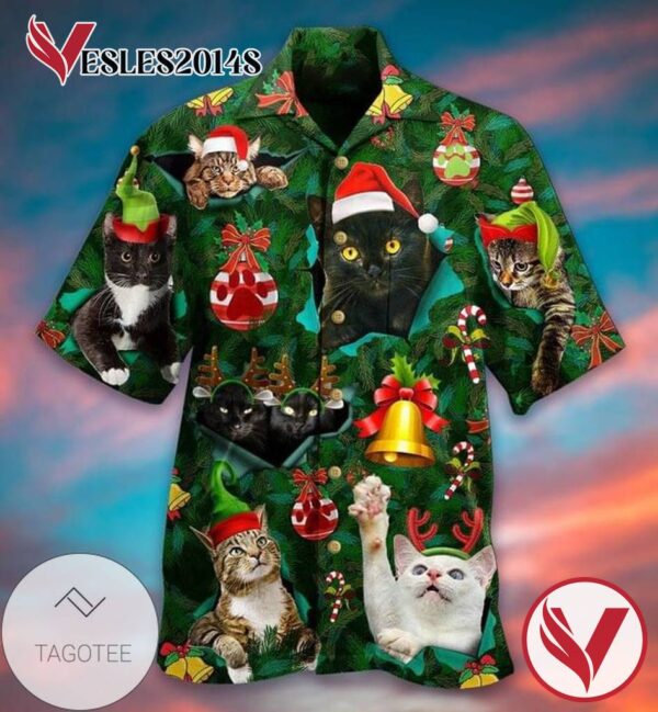 Cats Animal Merry Christmas Print Short Sleeve Hawaiian Casual Shirt Vesles2014S 1
