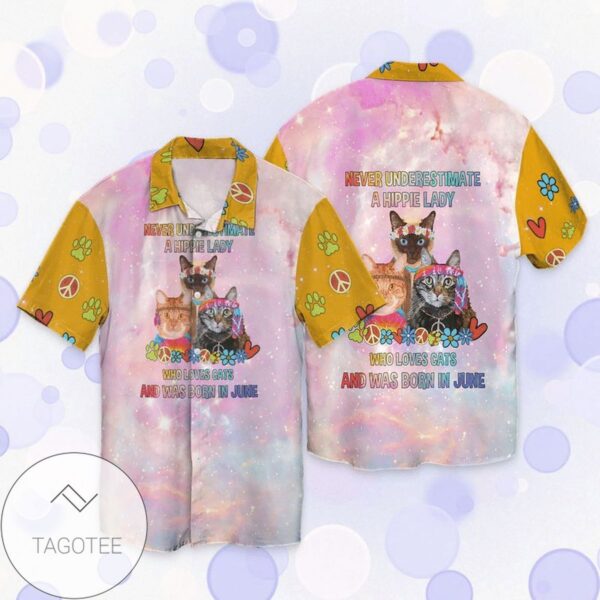 Cats Hippie Never Underesttimate A Hippie Lady Who Loves Cats And Was Born In June For Graphic Print Short Sleeve Hawaiian Casual Shirt Vesles2014S