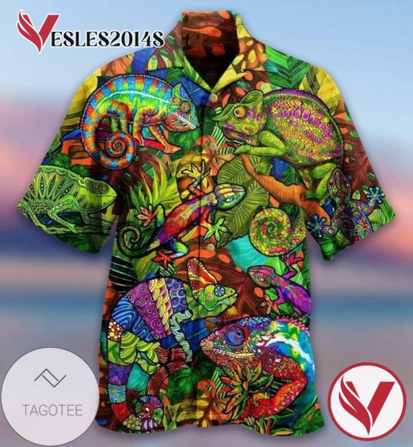 Chameleon Tropical Flowers Print Short Sleeve Hawaiian Casual Shirt Vesles2014S 1