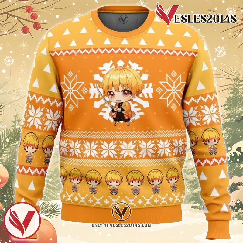 Chibi Christmas Zenitsu Agatsuma Demon Slayer Ugly Christmas Sweater, Unique Christmas Gift For Fans - Vesles2014S