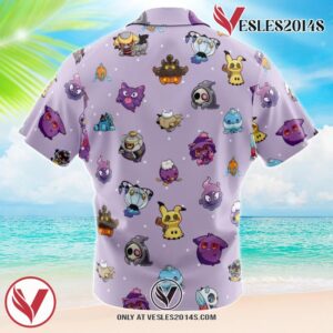 Chibi Ghost Pokemon Pattern Hawaiian Button Up Shirt, Perfect Gifts For Anime Lovers - Vesles2014S 1