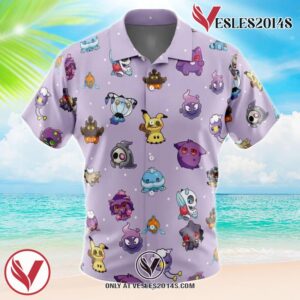 Chibi Ghost Pokemon Pattern Hawaiian Button Up Shirt, Perfect Gifts For Anime Lovers - Vesles2014S