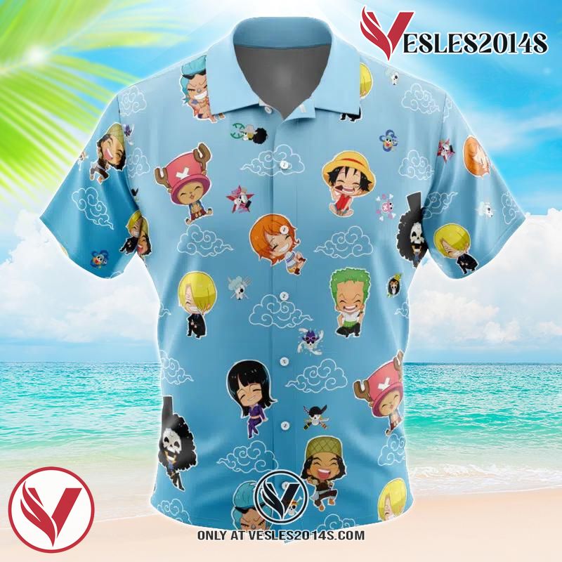 Chibi Strawhat Crew Pattern One Piece Hawaiian Button Up Shirt, Perfect Gifts For Anime Lovers - Vesles2014S