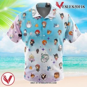 Chibi Studio Ghibli Pattern Hawaiian Button Up Shirt, Perfect Gifts For Anime Lovers - Vesles2014S