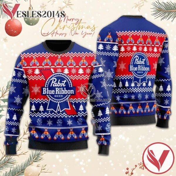 Christmas Cheers With Pabst Blue Ribbon Beer Ugly Sweater, Unique Winter Outfits For Fans - Vesles2014S  1