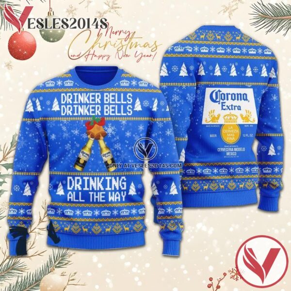 Corona Beer Drinker Bells Drinking All The Way Christmas Ugly Sweater, Unique Winter Outfits For Fans - Vesles2014S  1