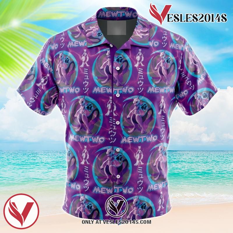 Cosmic Mewtwo Pokemon Hawaiian Button Up Shirt, Perfect Gifts For Anime Lovers - Vesles2014S