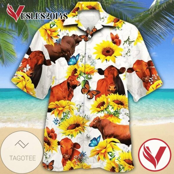 Cow Sunflower Print Short Sleeve Hawaiian Casual Shirt Vesles2014S