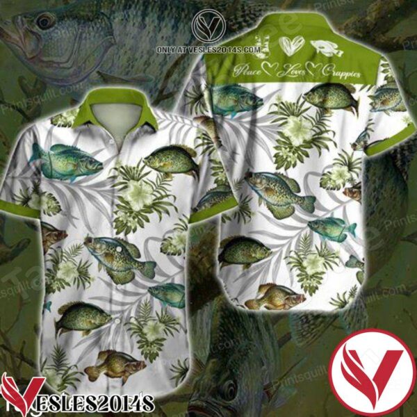 Crappie Lovers Peace Loves Crappies Green Tropical Floral White Hawaiian Shirt, Unique Gifts For Friends - Vesles2014S 1