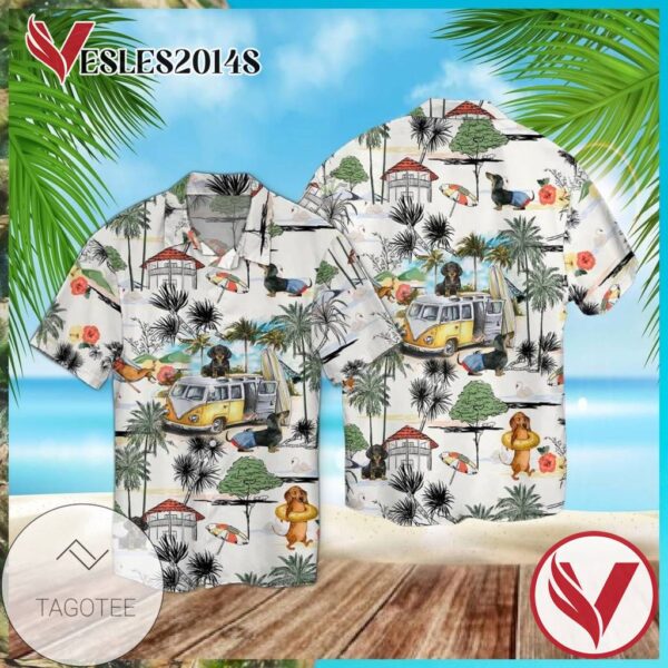 Dachshund Beach Retro Hawaiian Graphic Print Short Sleeve Hawaiian Casual Shirt Vesles2014S 1