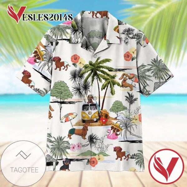 Dachshund Lover Tropical Hawaiian Graphic Print Short Sleeve Hawaiian Casual Shirt Vesles2014S 1