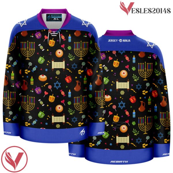 Dark Colors Ugly Sweater Pattern Hanukkah Hockey Jersey - Vesles2014S