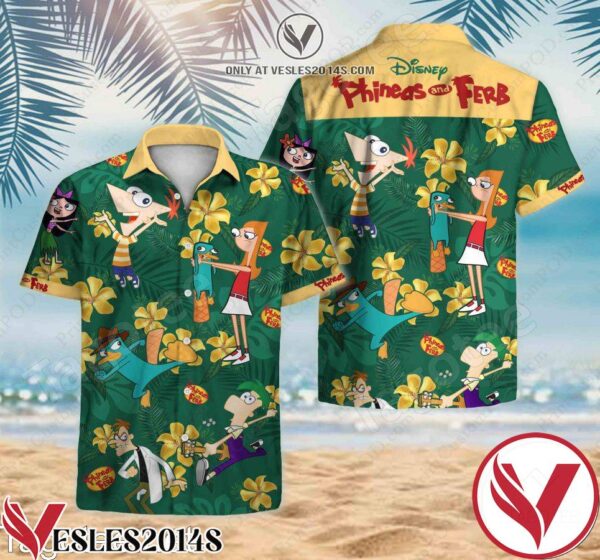 Disney Phineas And Ferb Yellow Tropical Flower Green Hawaiian Shirt, Unique Gifts For Friends - Vesles2014S 1