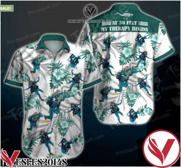 Dive Lovers At 30 Feet My Therapy Begins Green Tropical Floral White Hawaiian Shirt, Unique Gifts For Friends - Vesles2014S 1