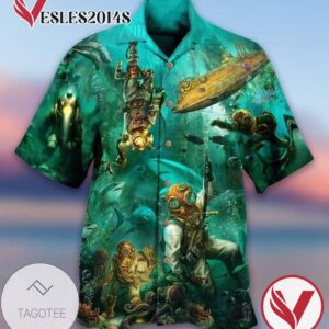 Diver In The Ocean Print Short Sleeve Hawaiian Casual Shirt Vesles2014S 1