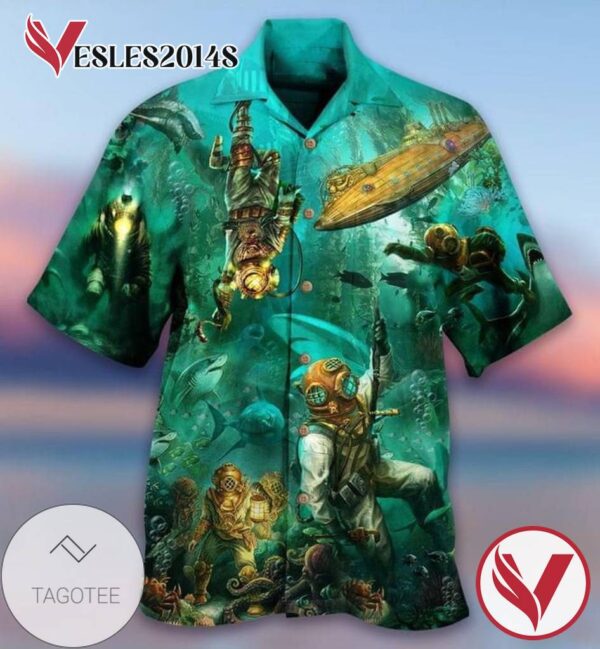 Diver In The Ocean Print Short Sleeve Hawaiian Casual Shirt Vesles2014S 1