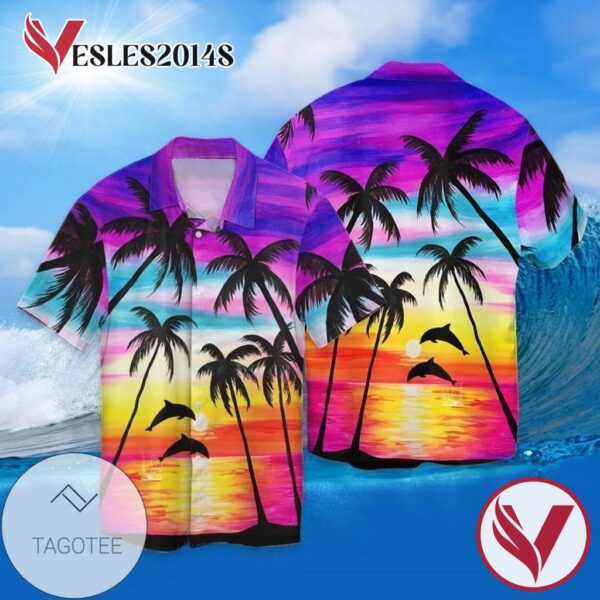 Dolphin Sunset For Men And Women Graphic Print Short Sleeve Hawaiian Casual Shirt Vesles2014S 1