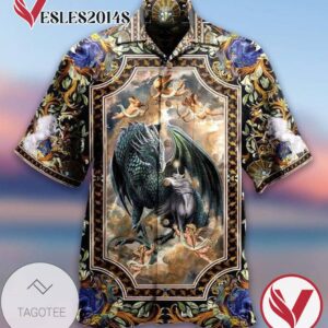 Dragin And Horse Print Short Sleeve Hawaiian Casual Shirt Vesles2014S 1