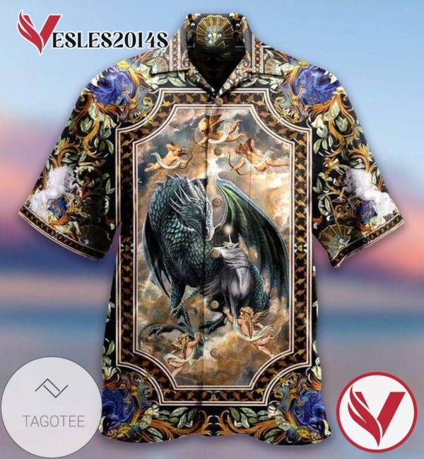Dragin And Horse Print Short Sleeve Hawaiian Casual Shirt Vesles2014S