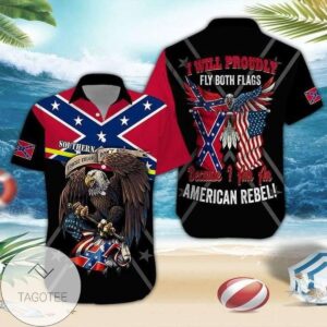 Eagle I will proudly fly both flags because I am an american rebel Print Short Sleeve Hawaiian Casual Shirt Vesles2014S 1