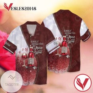 Easily Distracted By Music And Wine For Men And Women Graphic Print Short Sleeve Hawaiian Casual Shirt Vesles2014S 1
