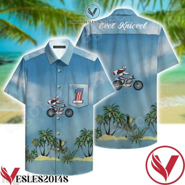 Evel Knievel Riding Motorcycle Palm Tree Blue Hawaiian Shirt, Unique Gifts For Friends - Vesles2014S 1