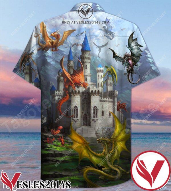 Fantasy Dragons On The Castle Unisex Hawaiian Shirt, Unique Gifts For Friends - Vesles2014S 1
