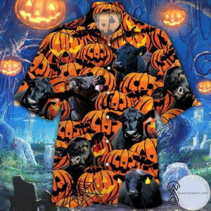 Farmer Black Angus Cattle Lovers And Pumpkins Halloween Casual Beach Full Printing Hawaiian Shirt Vesles2014S