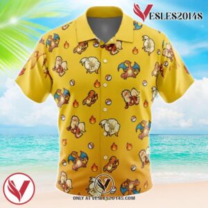 Fire Type Pattern Pokemon Hawaiian Button Up Shirt, Perfect Gifts For Anime Lovers - Vesles2014S