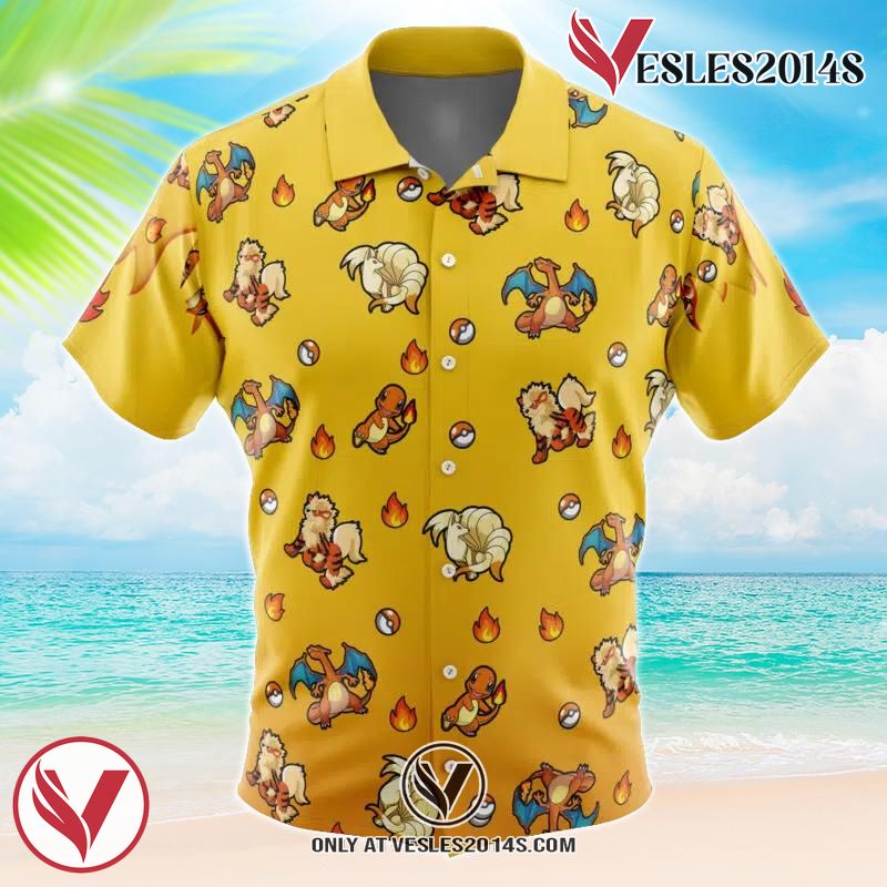 Fire Type Pattern Pokemon Hawaiian Button Up Shirt, Perfect Gifts For Anime Lovers - Vesles2014S